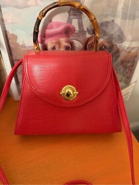 Red Structured Top-Handle Women’s Bag with Bamboo Accent